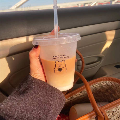 480/700ML Cute Water Bottle With Straw Kawaii Reusable Drinking Coffee Cup Portable Transparent Milk Cola Juice Mugs BPA Free
