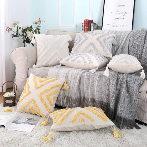 Chenille Embroidered Yellow Gray Cushion Cover 45x45 Woven Tufted PillowCase Boho Sofa Pillow Cover Home Living Room Decoration