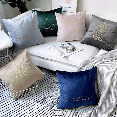 Cushion Cover Velvet Fabric Solid Color Plain With Embroidery Letters Serging Square 45*45 Throw Pillowcase Sofa Home Decorative