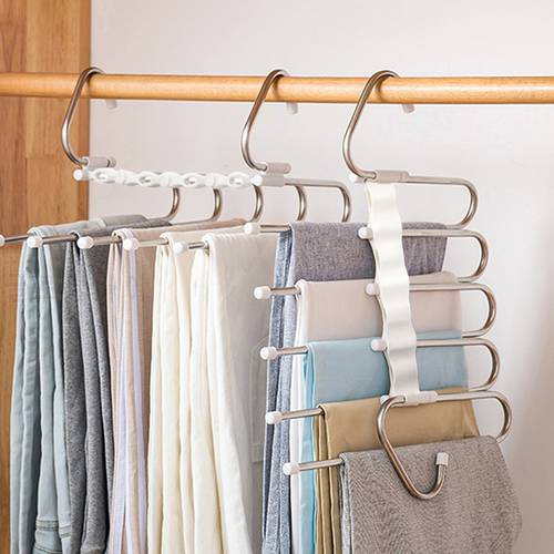 Multi-functional 5 in 1 Hanger for pants Clothes Adjustable Trouser Storage Rack Stainless Steel Shelf Closet Organizer