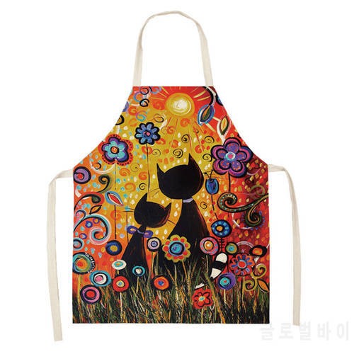 1Pcs Cute Cat Floral Print Sleeveless Linen Aprons for Women Cooking Kitchen Apron Restaurant Chef Apron Home Cleaning Tool Bib
