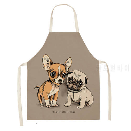 Cute Dog Pug Printed Home Apron Linen Sleeveless Apron Kitchen Apron Women Home Cooking Baking Waist Apron Home Cleaning Tools