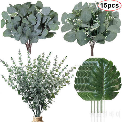 15PCS Artificial Eucalyptus Leave Greenery Stems with Frost for Vase Home Party Wedding Decoration Outdoor DIY Flower Wall Decor