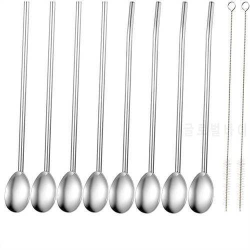 Stainless Steel Metal Drinking Spoon Straw Reusable Round Shape Straws Cocktail Spoons Set Cocktail Spoons Filter Set