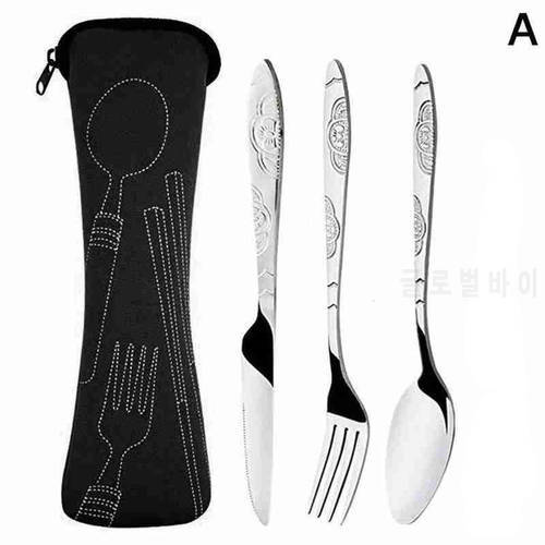 3Pcs Steel Knifes Fork Spoon Set Family Travel Camping Cutlery Eyeful Four-piece Dinnerware Set with Case