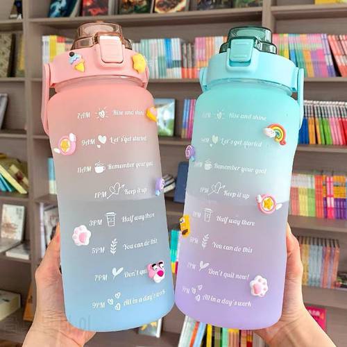 2 Liter Water Bottle With Straw For Girls Time Marker Sticker Leakproof Outdoor Motivational Drinking Sport Bottle Free Shipping