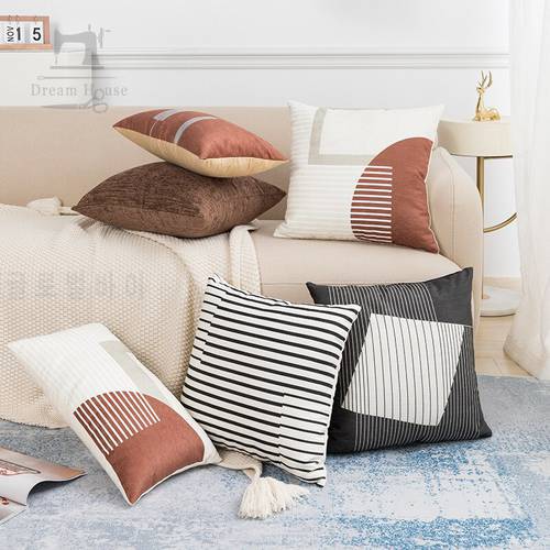 White Brown Chenille Cushion Cover Modern Pillow Cover 45x45cm Geometric Neutral Sofa Bed 45x45cm Home Living Room Decoration