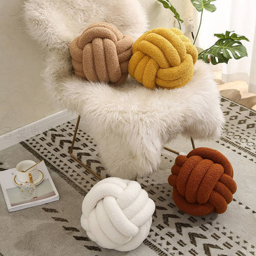 Nordic ins wind knotted ball pillow lamb velvet cushion hand-woven round pillow sofa living room bedside cushion