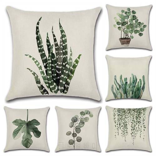 Green Leaves Pillow Case Simple Style Leaves Decorative Pillowcase Cotton Linen Cushion Cover Cojines Funda Cojines 45x45
