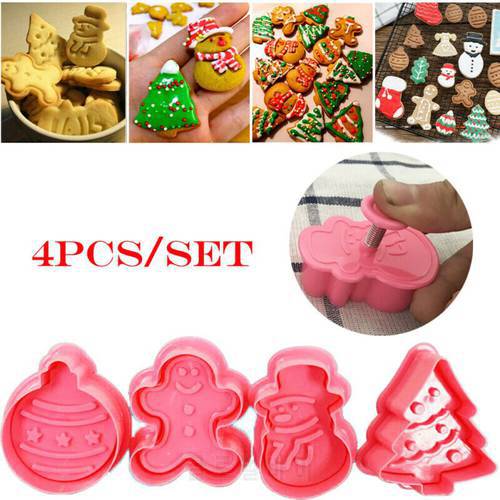 4pcs/set Christmas Cookie Cutters Stamp Mold Plastic 3D Cake Biscuit Plunger Mould DIY Pastry Baking Tools Xmas Tree Table Decor