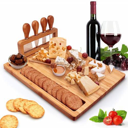 1PC Bamboo Cheese Board Cheese Knife Cheese Slicer Fork Scoop Cut Kitchen Cooking Tools Bamboo Cutting Board Wood Cheeses Boards