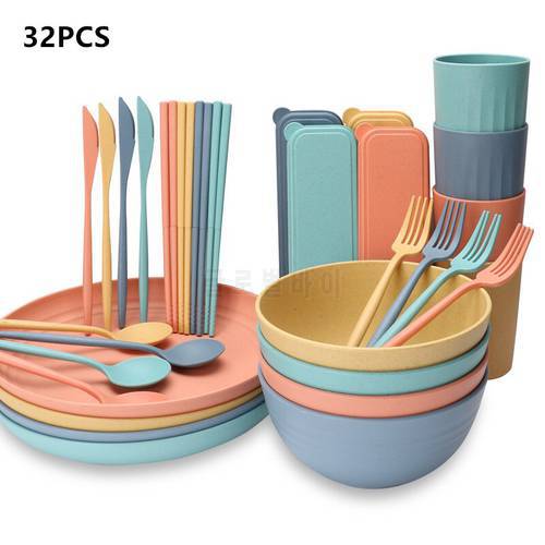 32pcs/Set Wheat Straw Nature Material Tableware Bowls Cups Plates Cutlery Fork Spoon Chopsticks Microwave Oven Available