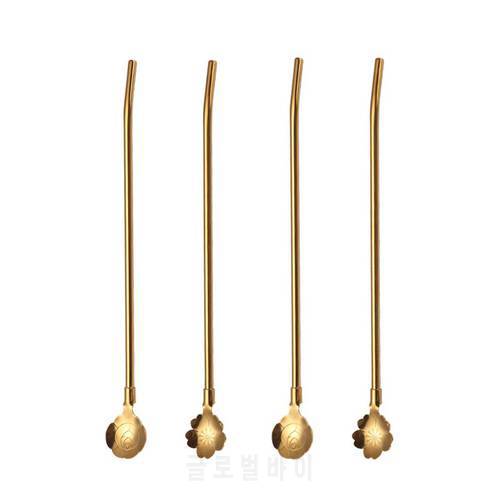 4 Pieces Stainless Steel 304 Straw With Spoon 2 In 1 Reusable Metal Drinking Straws Cocktail Milkshake Stirring Spoon Straw