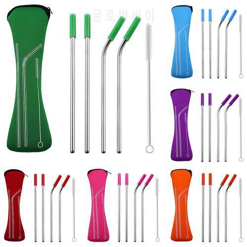 New 4Pcs Reusable Silicone Tips Cover Stainless Steel Straight Bent Drinking Straws With Bag Brush Bar Drinkware Accessories