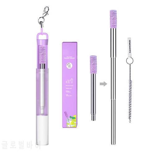 Outdoor Portable Foldable 304 Stainless Steel Telescopic Milk Tea Straw Color Circular Silicone Straw FDA Stainless Steel Straws