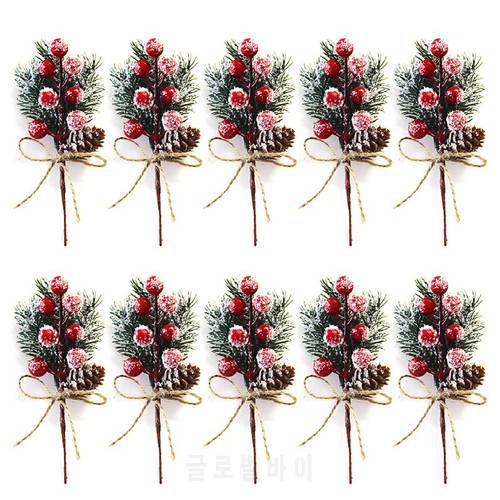 10pcs Artificial Pine Branch Red Holly Flower Bouquet Pick for Christmas Flower Wreaths Holiday Decorations