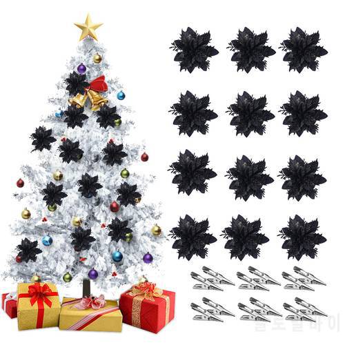 12pcs Black Glitter Artificial Christmas Flower Xmas Tree Ornament Merry Christmas Decorations for Home New Year GiftsWith Clips