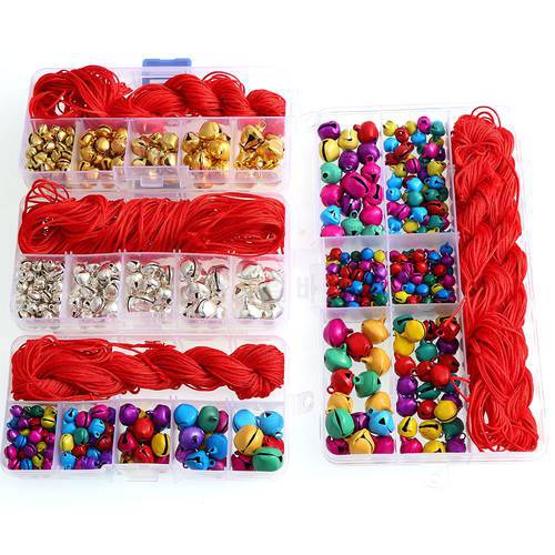 118Pcs 6-14mm Colorful Christmas Jingle Bells Kit with 1mm Red Nylon Cord for Christmas Tree Decorations DIY Crafts Accessories