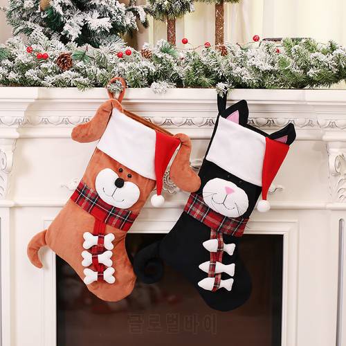 1pc Christmas Stocking Socks Snowman Deer Hanging Xmas Tree Ornaments Cat Dog Candy Bags Fireplace Tree Hanging Gift Stocking