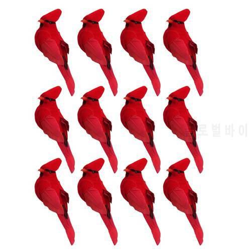Practical 12Pcs Clip-on Artificial Red Cardinals Christmas Ornaments Feathered Bird Xmas