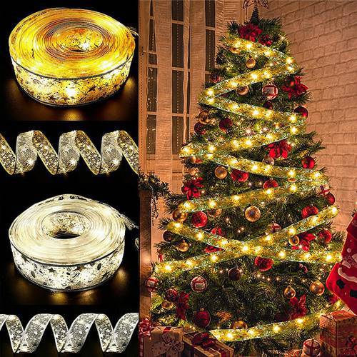 Christmas Decoration LED Ribbon Lights Christmas Tree Ornaments 2022 Lace Bows String Lights Navidad Home Decors New Year 2023