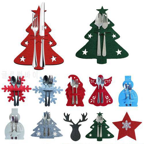 4Pcs Xmas Cutlery Bag Pocket Christmas Tree Stars Snowflake Fork Knife Spoon Holder Bags For Kitchen Tableware Organizer Decors