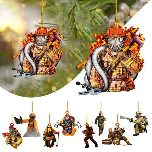 Christmas Tree Pendant Firemen Ornament Double Sided Acrylic Hangs Christmas Tree Ornaments Christmas Holiday Atmosphere Decor