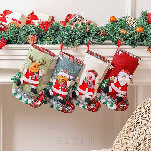 Large Linen Christmas Socks Gift Bags Merry Christmas Tree Decorations For Home Xmas Ornaments Candy Bag Navidad Party Supplies