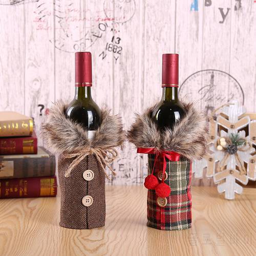 Christmas Wine Bottle Cover Faux Fur Collar Button Coat Wine Bottle Covers Xmas Wine Bottle Sweater Gifts Christmas Decoration