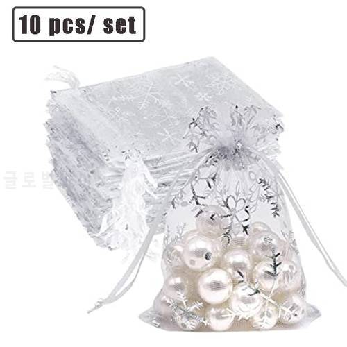 10PCS Organza Wedding Gift Bags Drawstring Jewelry Candy Pouch Gift Bags Silver White Snowflakes Printed Sheer Party Favor Bags