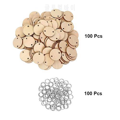 100pcs Round Wooden Discs with Holes Calendar Tag Reminder Record Wood Chip Birthday Board Tags and 100pcs Iron Rings for Arts