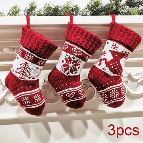 3PCS Christmas Socks Candy Bag Red Christmas Knitting Stocking Christmas Tree Pendant Decorations For Home Xmas Gift