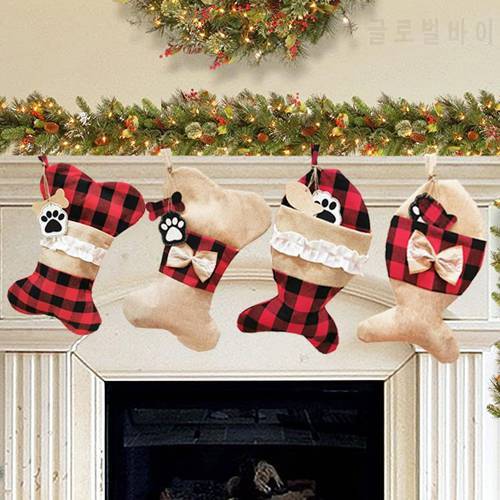 2022 Christmas Pet Stockings Hanging Ornament Cat Dog Plaid Fish Bow Bone Tassels Gift Reusable Bag