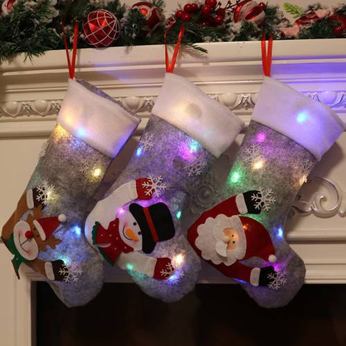 Christmas Stockings Socks Led Light Up Snowman Santa Elk Bear Printing Xmas Candy Gift Bag Fireplace Xmas Tree Decoration