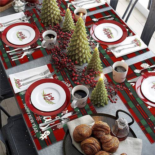Merry Christmas Lettering Cotton Linen Waterproof Christmas Insulated Placemat Xmas Gift Navidad 2023 Christmas Decor for Home