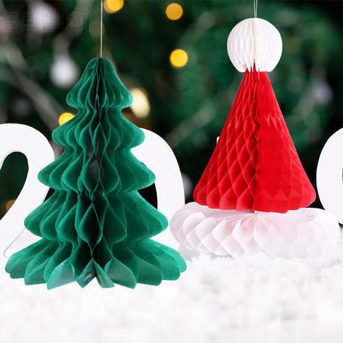 Paper Honeycomb Christmas Hat Tree Pendant Merry Christmas Sign Craft Tree Hanging Ornaments Home New Year Xmas Decor Gift