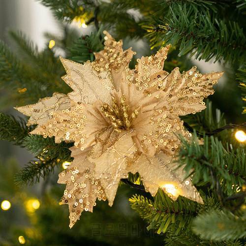 Christmas Poinsettia Glitter Artificial Flowers Xmas Tree Party Decoration Sequin Flannel Xmas Flower Christmas 2022 News