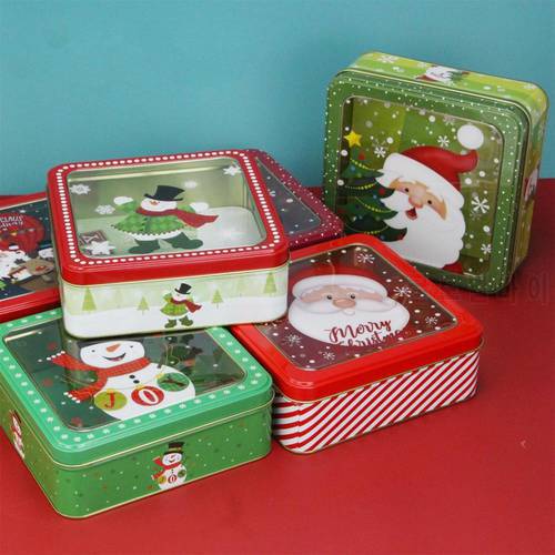 Christmas Tin Box Skylight Tinplate Box Transparent Lid Tinplate Cookie Mousse Cake Packaging Square Santa Claus Pattern Box