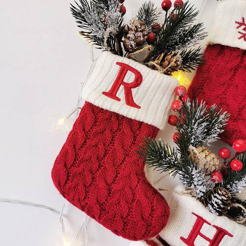 1pc Christmas Socks Knitting Red Snowflake Alphabet Letters Christmas Decoration For Home Xmas Tree Ornament Gift Socks Bag