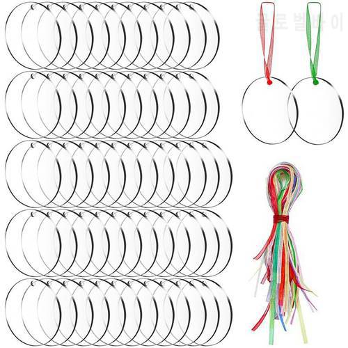 Acrylic Christmas Tree Ornament Blank 3 In Acrylic Disc DIY With Ribbons Christmas Round Decoration For Christmas Craft 60PCS