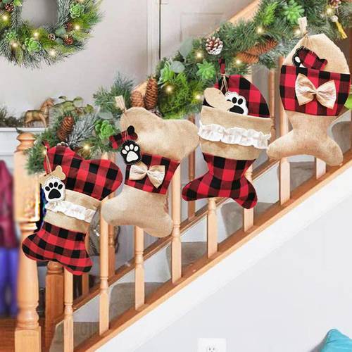 2021 New Style Christmas Pet Stockings, Hanging Ornament, Cat Dog Plaid Fish Bow Bone Tassels Gift Reusable Bag