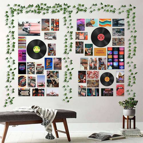 48Pcs Vintage Records Poster Retro Aesthetic Wall Collage Kits Art Printing Card Fake Vines Trippy Dorm Bedroom Decor for Teens