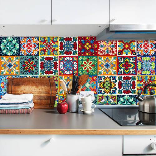 Colorful Pattern Ceramic Tiles Wall Sticker Tables Bathroom Kitchen Home Decor Wall Decals Waterproof Peel & Stick PVC Art Mural
