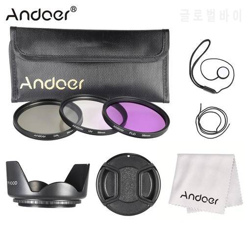 Andoer 58mm Filter Kit (UV+CPL+FLD) + Nylon Carry Pouch + Lens Cap + Lens Cap Holder + Lens Hood + Lens Cleaning Cloth