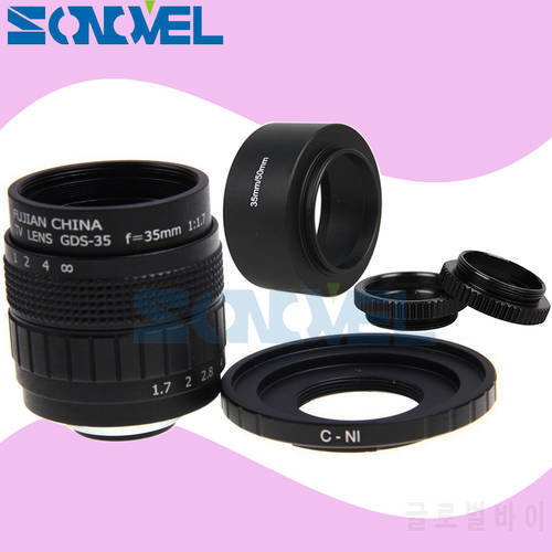FUJIAN 35mm F1.7 CCTV TV Movie lens + C Mount +Macro ring + metal Lens hood for Nikon 1 AW1 S2 J5 J4 J3 J2 J1 V3 V2 V1 C-NI