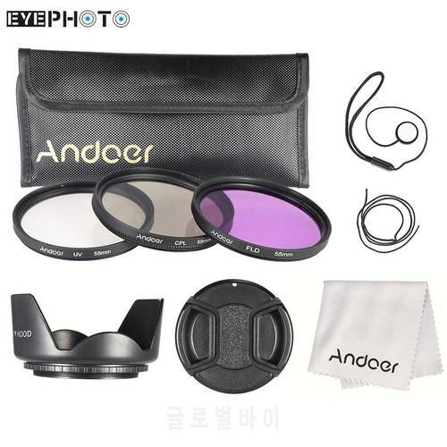 Andoer 55mm Filter Kit (UV+CPL+FLD) + Nylon Carry Pouch + Lens Cap + Lens Cap Holder + Lens Hood + Lens Cleaning Cloth