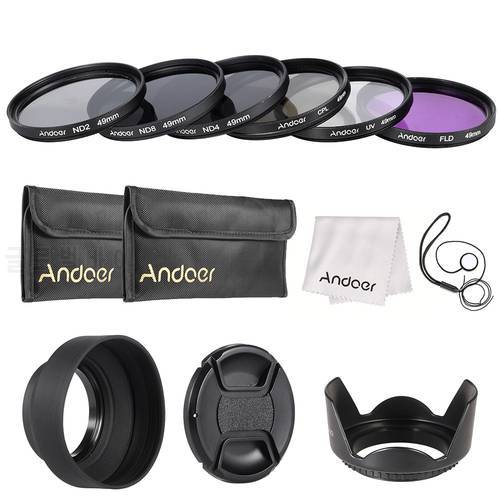 Andoer 49mm Lens Filter Kit UV+CPL+FLD+ND with Carry Pouch / Lens Cap / Lens Holder / Tulip & Rubber Lens Hoods / Cleaning Cloth