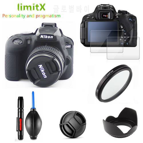 Accessories Kit Camera Silicone Case UV Filter Lens hood Cap 2x Screen Protector for Nikon D3400 D3500 with AF-P 18-55mm lens