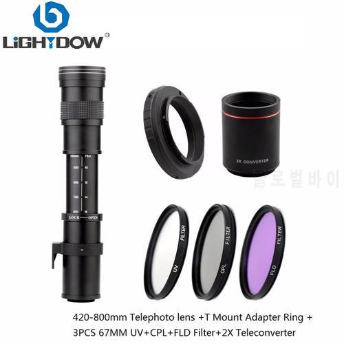 Lightdow 420-800mm F8.3-16 Telephoto Manual Zoom Lens+Adapter Ring+ UV+CPL+FLD Filters+2X Converter for Canon Nikon Sony Pentax