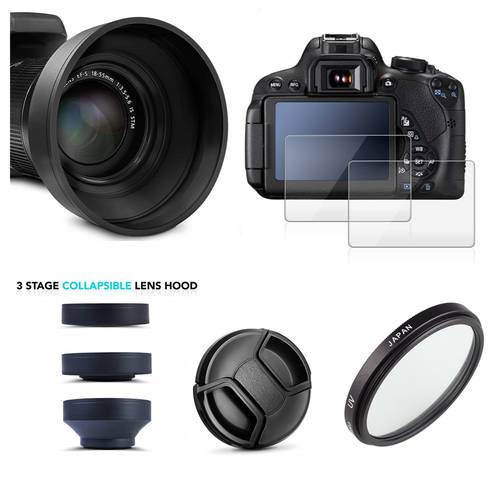58mm UV Filter Collapsible Lens Hood Cap + 2x Glass Screen Protector for Canon 4000D 2000D 1300D T100 T7 T6 with 18-55mm Lens